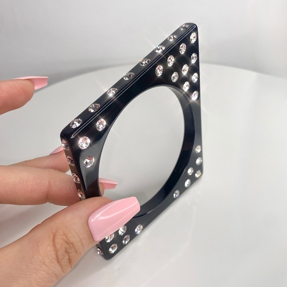Black Acrylic Bangle Bracelet, Geometric Shaped, Swarovski Crystal Rhinestones - Picture 6 of 14